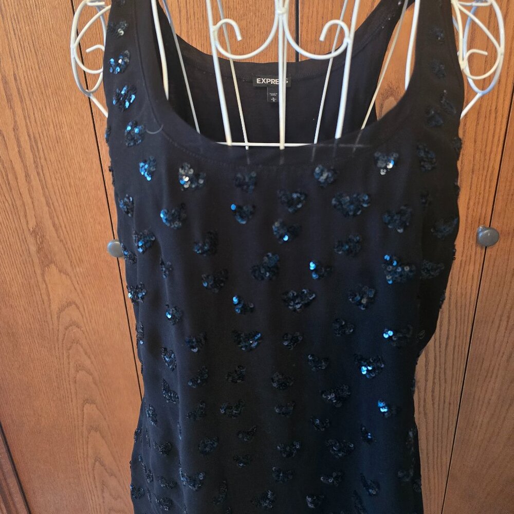 Express Black Sequin Heart Embellished Tank Top Cami Fully Lined Size L Party